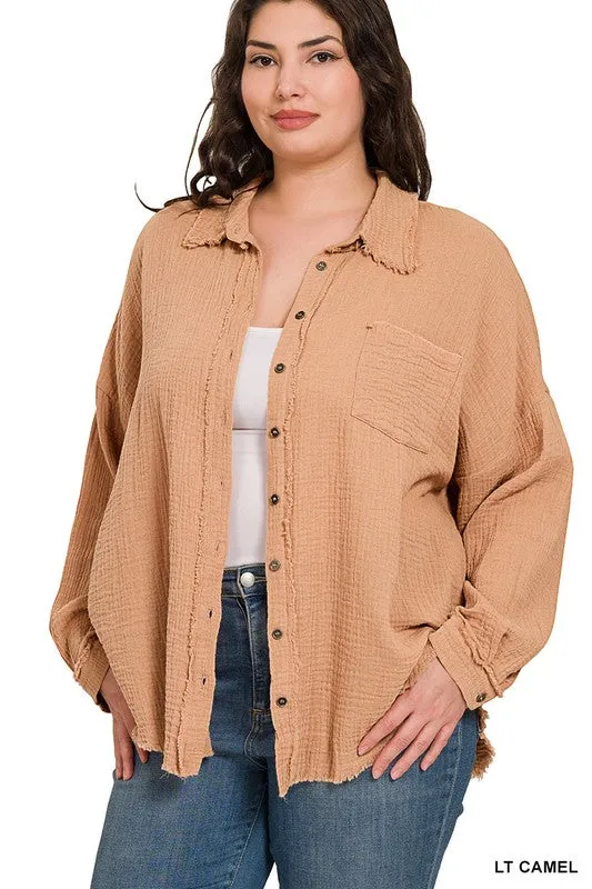 PLUS DOUBLE GAUZE OVERSIZED RAW EDGE SHIRT