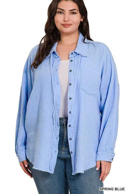PLUS DOUBLE GAUZE OVERSIZED RAW EDGE SHIRT