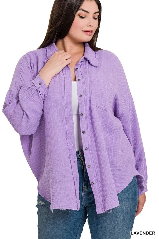 PLUS DOUBLE GAUZE OVERSIZED RAW EDGE SHIRT
