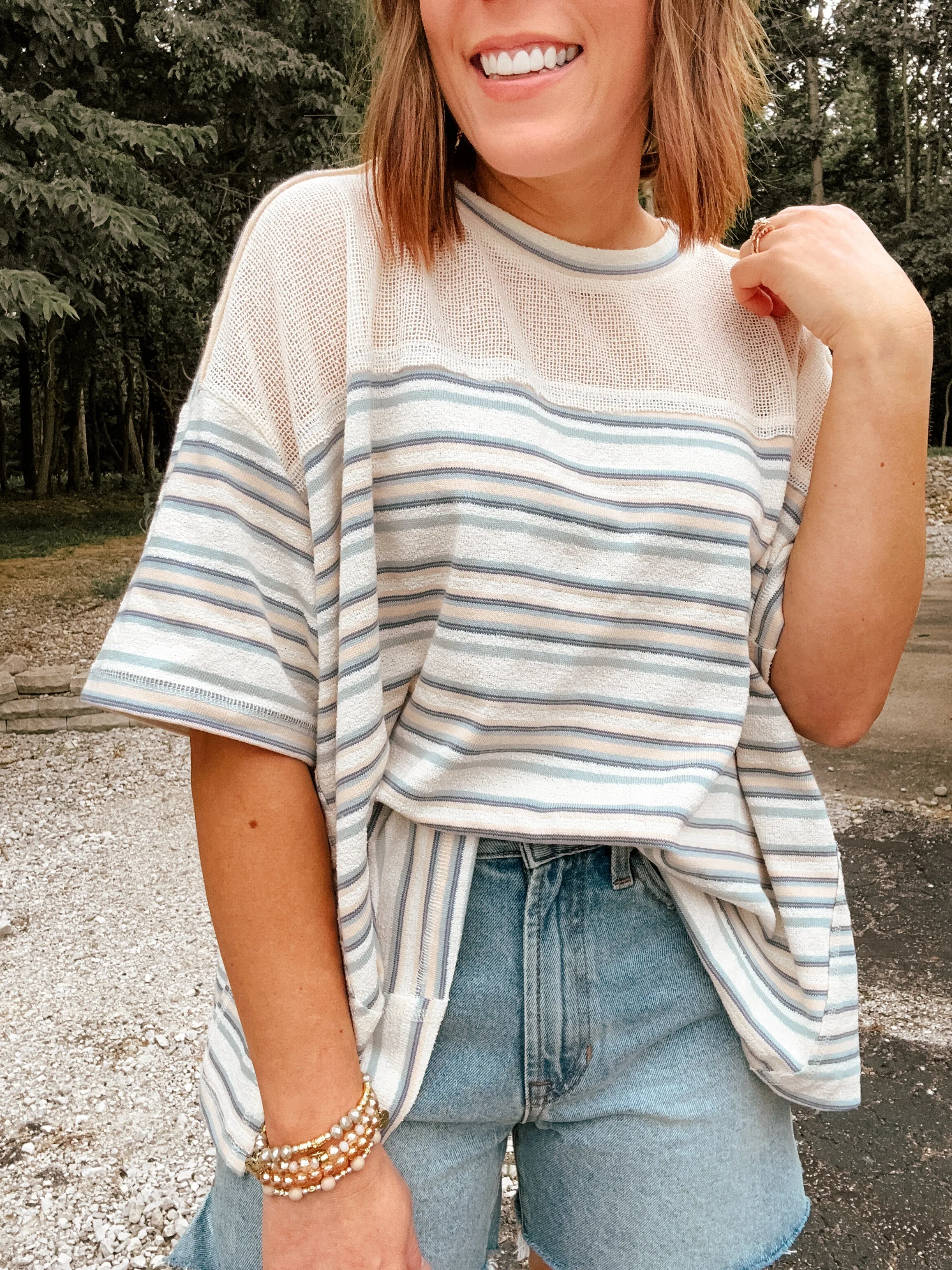 Powder Blue   Ivory Stripe Mesh Inset Tee