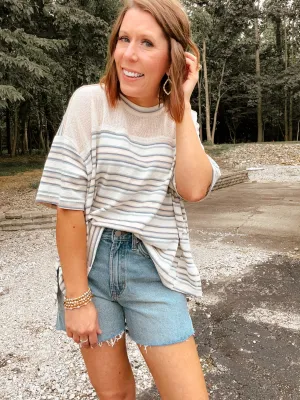 Powder Blue   Ivory Stripe Mesh Inset Tee