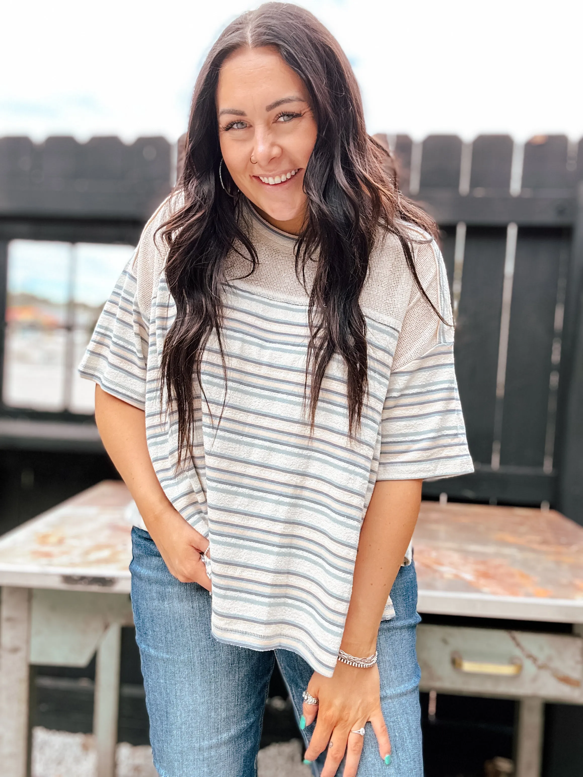 Powder Blue   Ivory Stripe Mesh Inset Tee