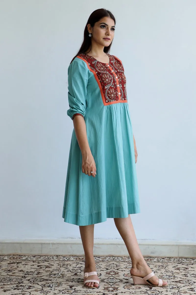 Printed yoke cotton dress in Sea-foam green