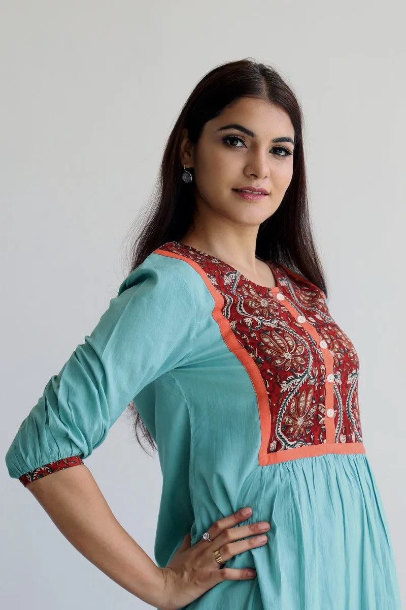 Printed yoke cotton dress in Sea-foam green