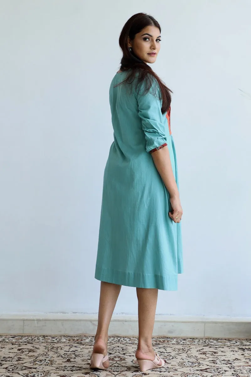 Printed yoke cotton dress in Sea-foam green