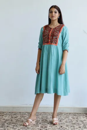 Printed yoke cotton dress in Sea-foam green