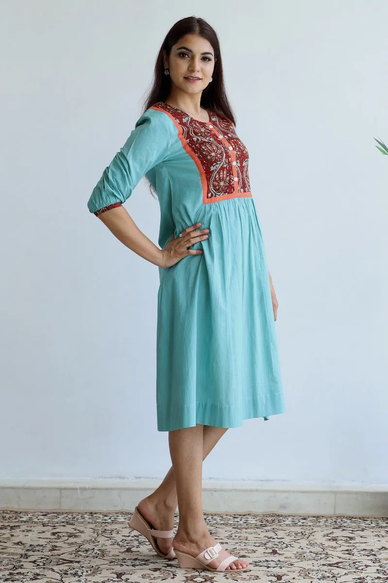 Printed yoke cotton dress in Sea-foam green
