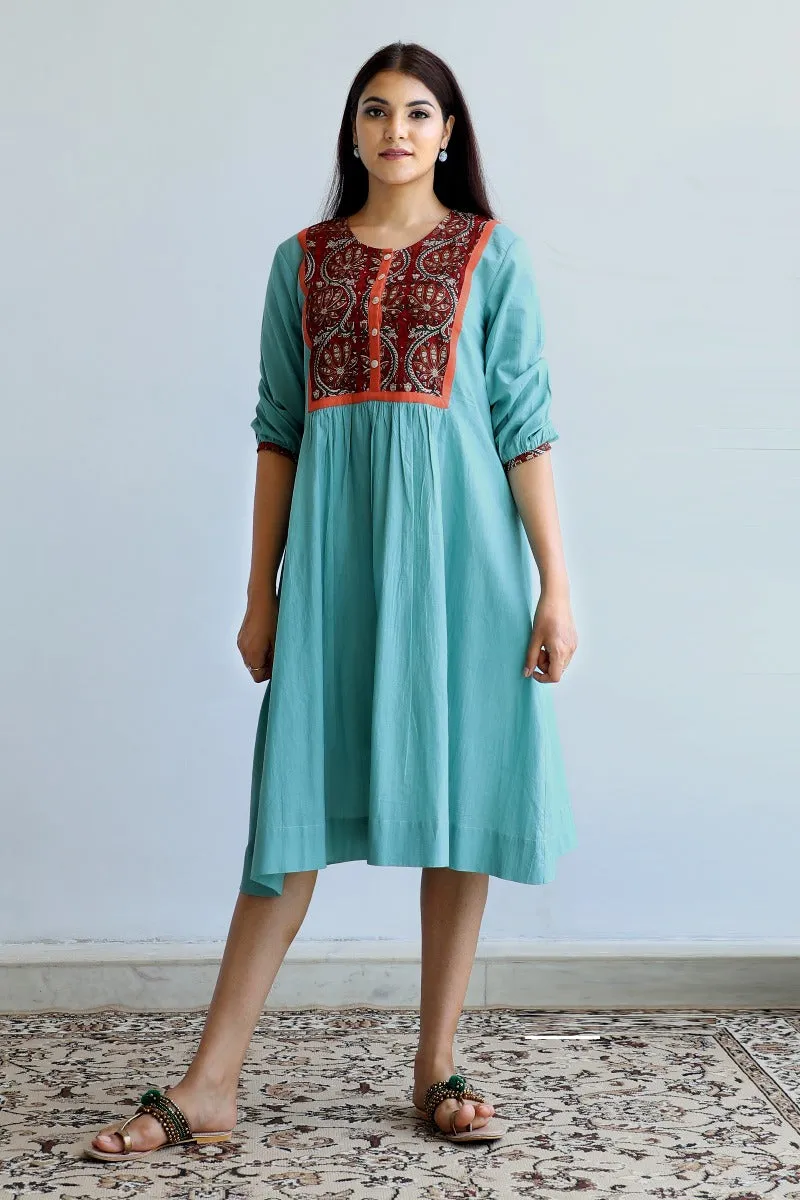 Printed yoke cotton dress in Sea-foam green
