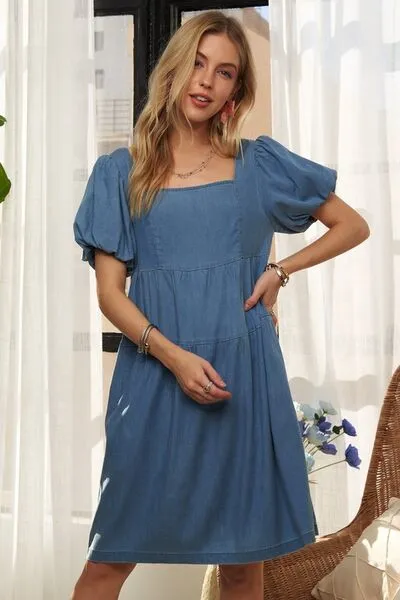 Puff Sleeve Denim Dress