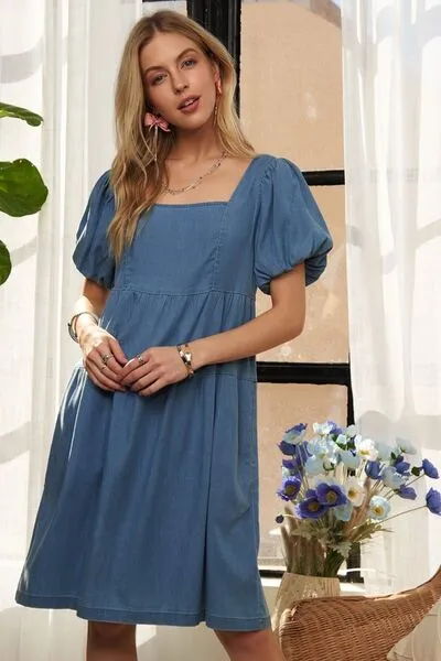 Puff Sleeve Denim Dress