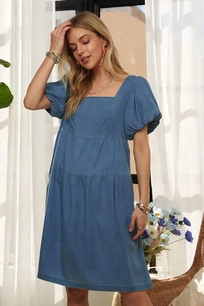 Puff Sleeve Denim Dress