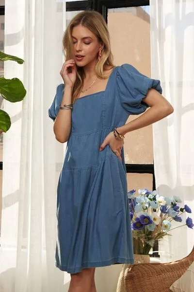 Puff Sleeve Denim Dress