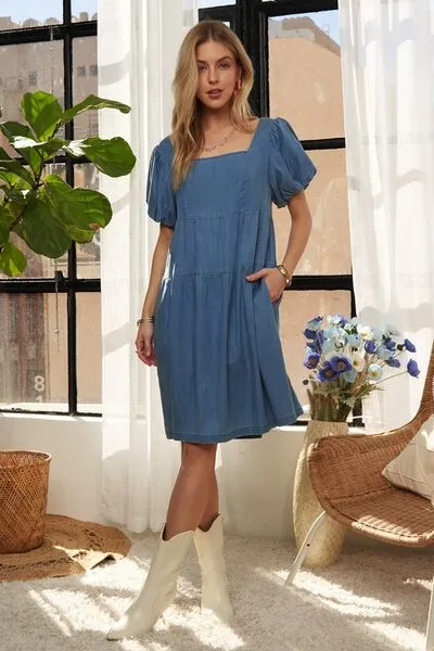 Puff Sleeve Denim Dress