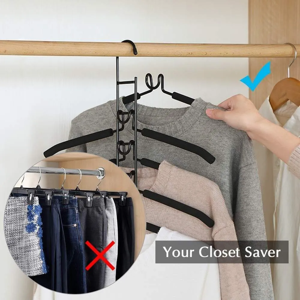 PUPOUSE Multi Layers Clothes Hangers - 5 in 1 Anti-Slip Sponge Metal Clothes Rack Multifunctional Closet Hanger Space Saving Organizer for Jacket Coat Sweater Skirt Trousers Shirt T-Shirt