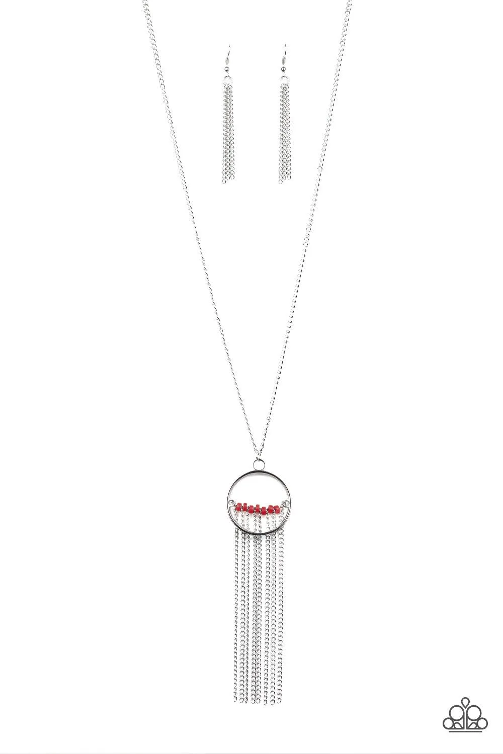 "Terra Tassel" Silver Metal & Red Bead Tassel Necklace Set