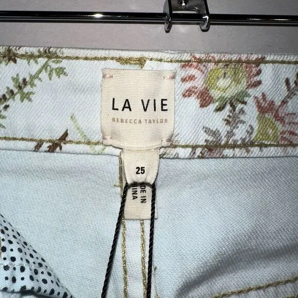 Rebecca Taylor La Vie Floral Belle Light Denim Shorts Mid Rise Raw Hem Sz 25 NWT