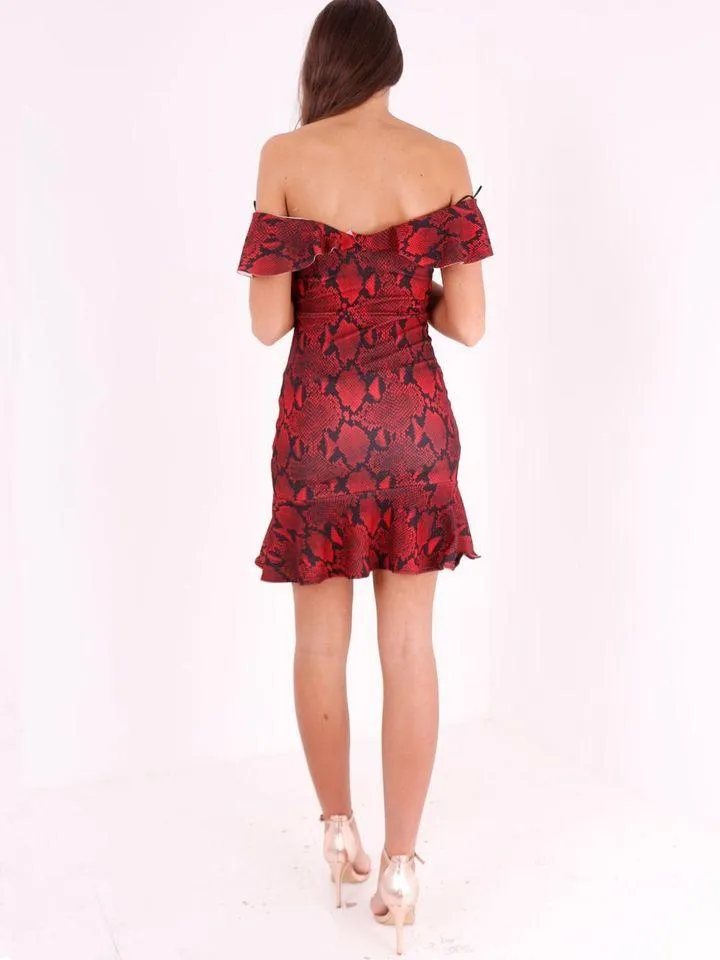 Red Bardot Fill Hem Snake Print Dress
