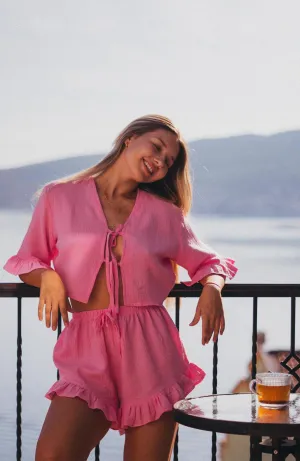 Rosé Reverie | 100% Cotton Muslin Pink Ruffle Co-ord Set for Women