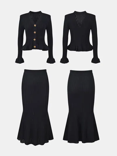 Ruffled V-Neck Top and Midi Skirt Sweater Set