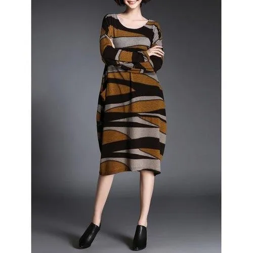 Scoop Neck Stripe Midi Oversized Knit Dress - Khaki L