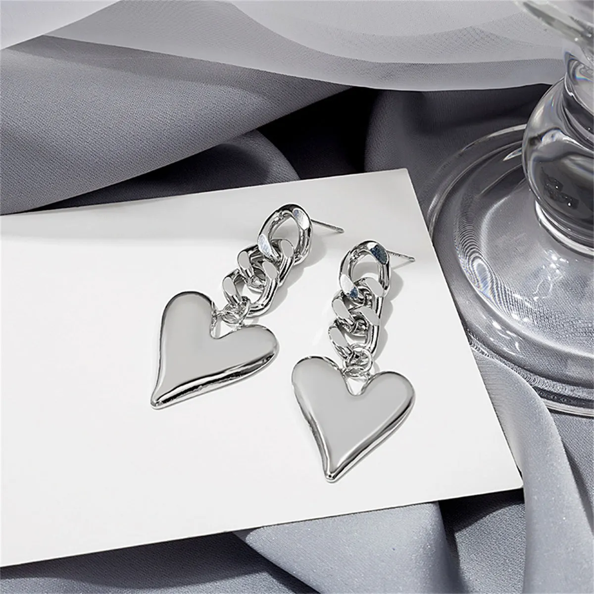 Silver-Plated Curb Chain Heart Drop Earrings