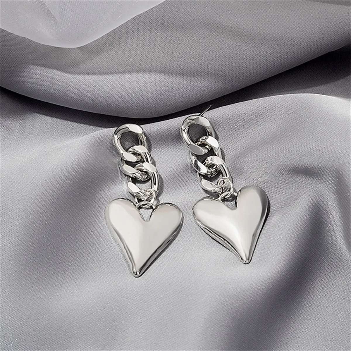 Silver-Plated Curb Chain Heart Drop Earrings