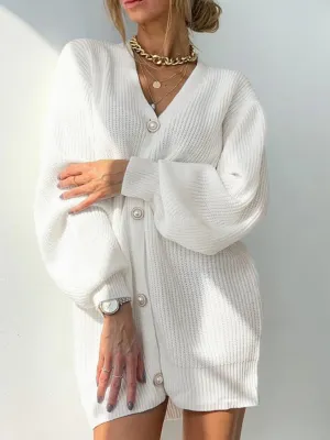 Solid Color Long-sleeved Pearl Oversized Cardigan