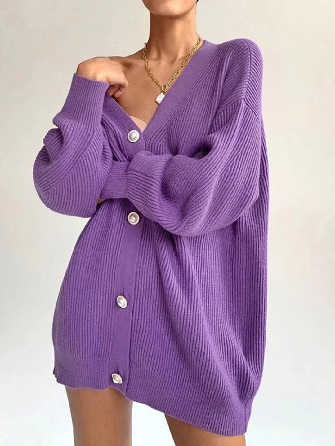 Solid Color Long-sleeved Pearl Oversized Cardigan
