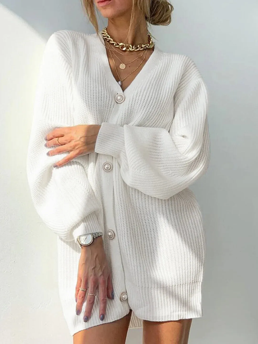 Solid Color Long-sleeved Pearl Oversized Cardigan