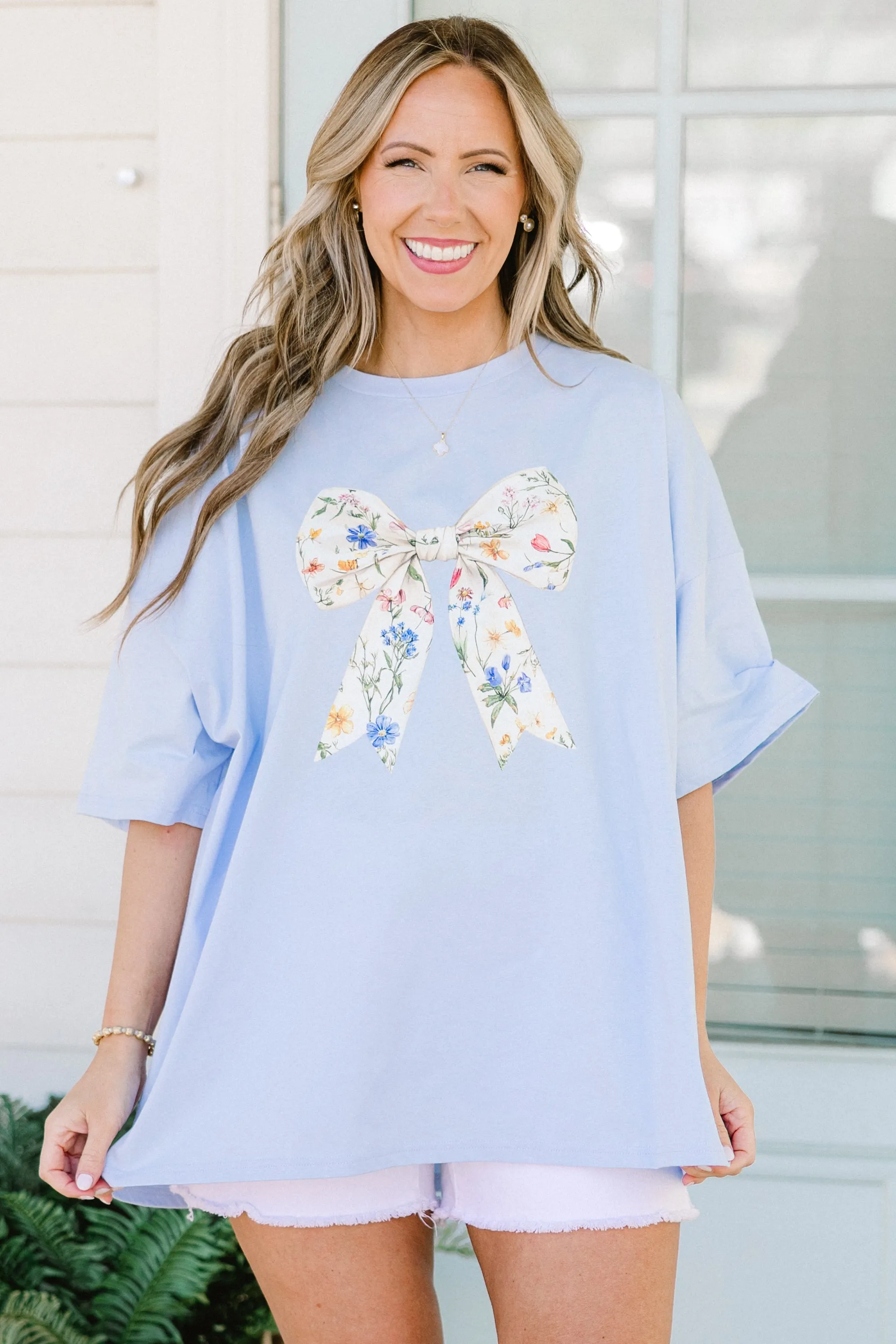 Spring Bows Boyfriend Tee, Ash Blue