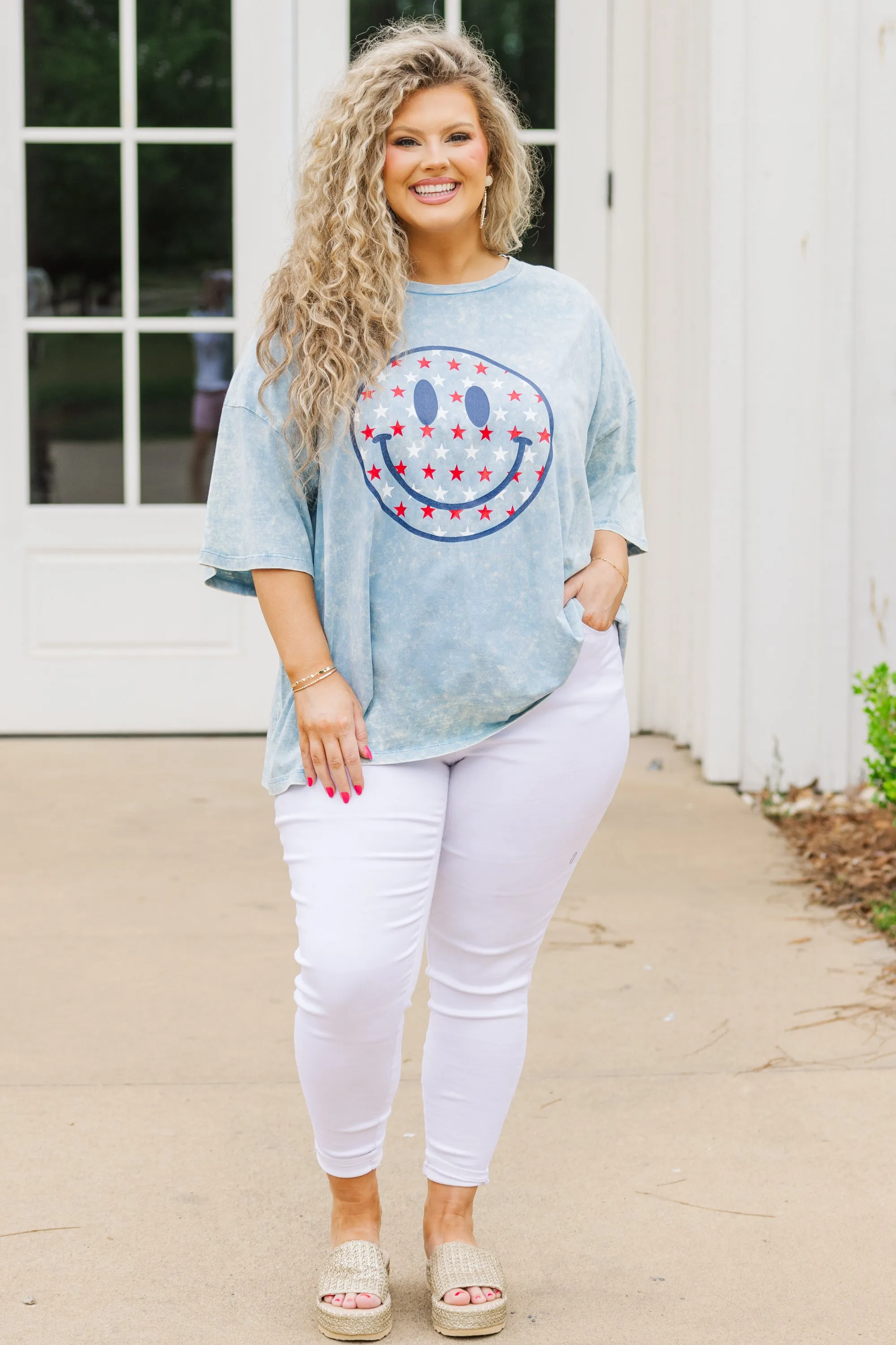 Stars Make Me Smile Boyfriend Tee, Ice Blue Acid Wash