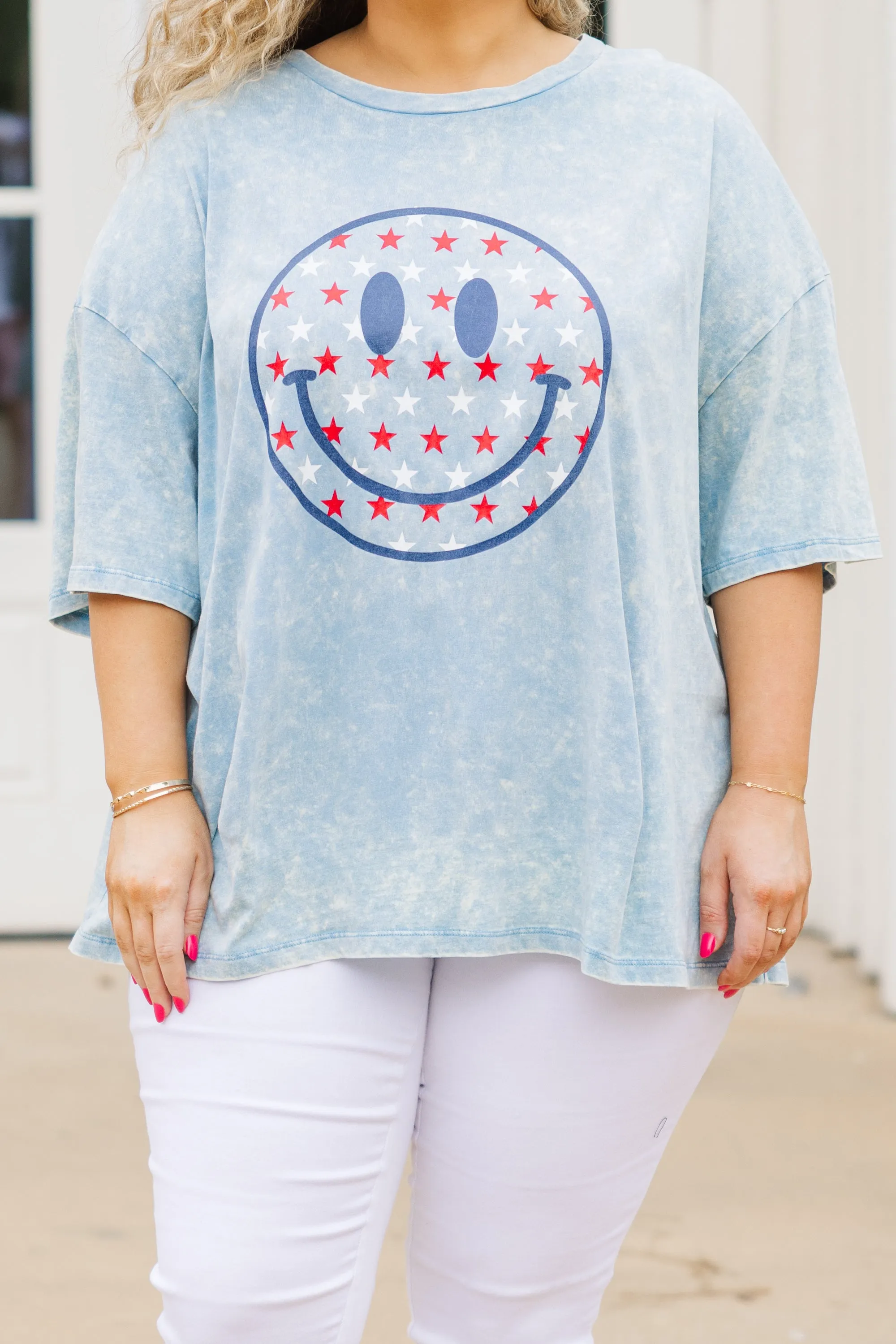 Stars Make Me Smile Boyfriend Tee, Ice Blue Acid Wash