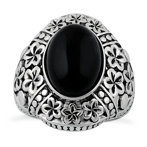 Sterling Silver Bold Plumeria Black Agate Ring