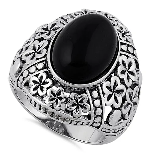 Sterling Silver Bold Plumeria Black Agate Ring
