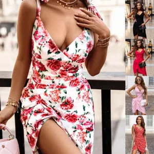 Summer New Suspender Sleeveless V-neck Hip Floral Dress