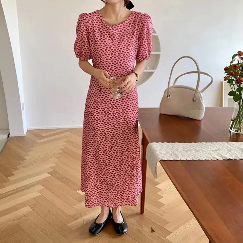Summer O-Neck Short-sleeved Love Slimming Dress Lace-up Fairy Waist Beach Small Fresh Mid-length Dress Female