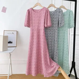 Summer O-Neck Short-sleeved Love Slimming Dress Lace-up Fairy Waist Beach Small Fresh Mid-length Dress Female