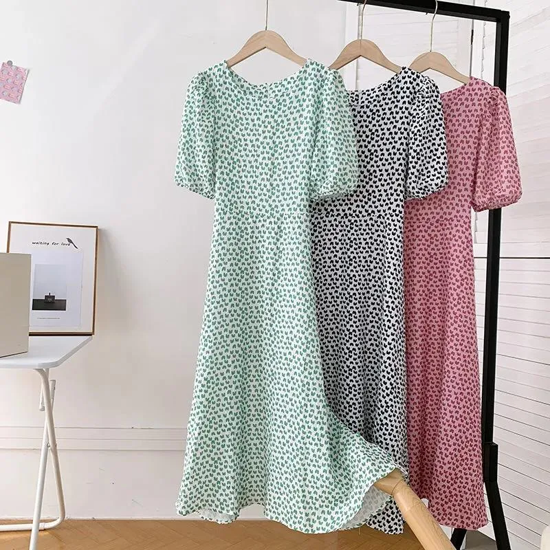 Summer O-Neck Short-sleeved Love Slimming Dress Lace-up Fairy Waist Beach Small Fresh Mid-length Dress Female