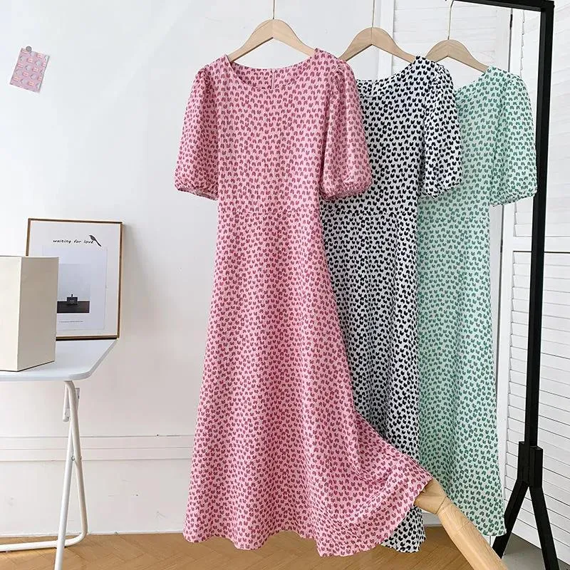 Summer O-Neck Short-sleeved Love Slimming Dress Lace-up Fairy Waist Beach Small Fresh Mid-length Dress Female
