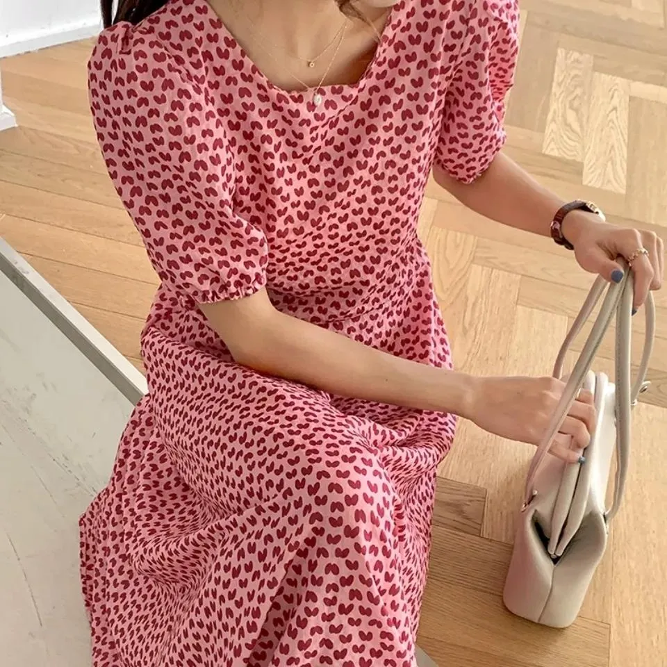 Summer O-Neck Short-sleeved Love Slimming Dress Lace-up Fairy Waist Beach Small Fresh Mid-length Dress Female