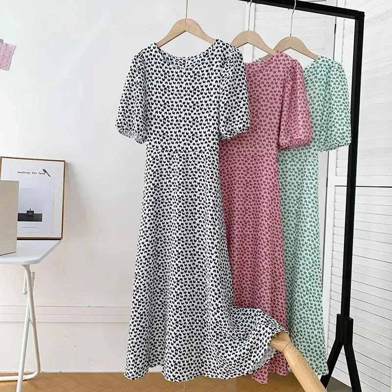 Summer O-Neck Short-sleeved Love Slimming Dress Lace-up Fairy Waist Beach Small Fresh Mid-length Dress Female