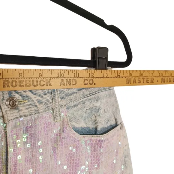 SUNSET SPRING Iridescent Sequin Front Distressed Raw Hem Light Denim Shorts 26
