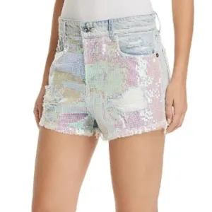 SUNSET SPRING Iridescent Sequin Front Distressed Raw Hem Light Denim Shorts 26