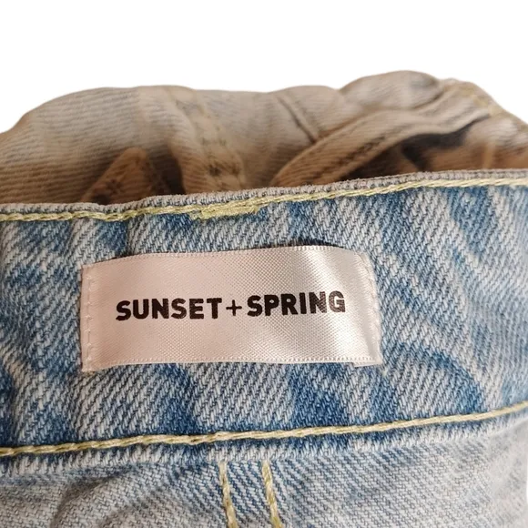 SUNSET SPRING Iridescent Sequin Front Distressed Raw Hem Light Denim Shorts 26