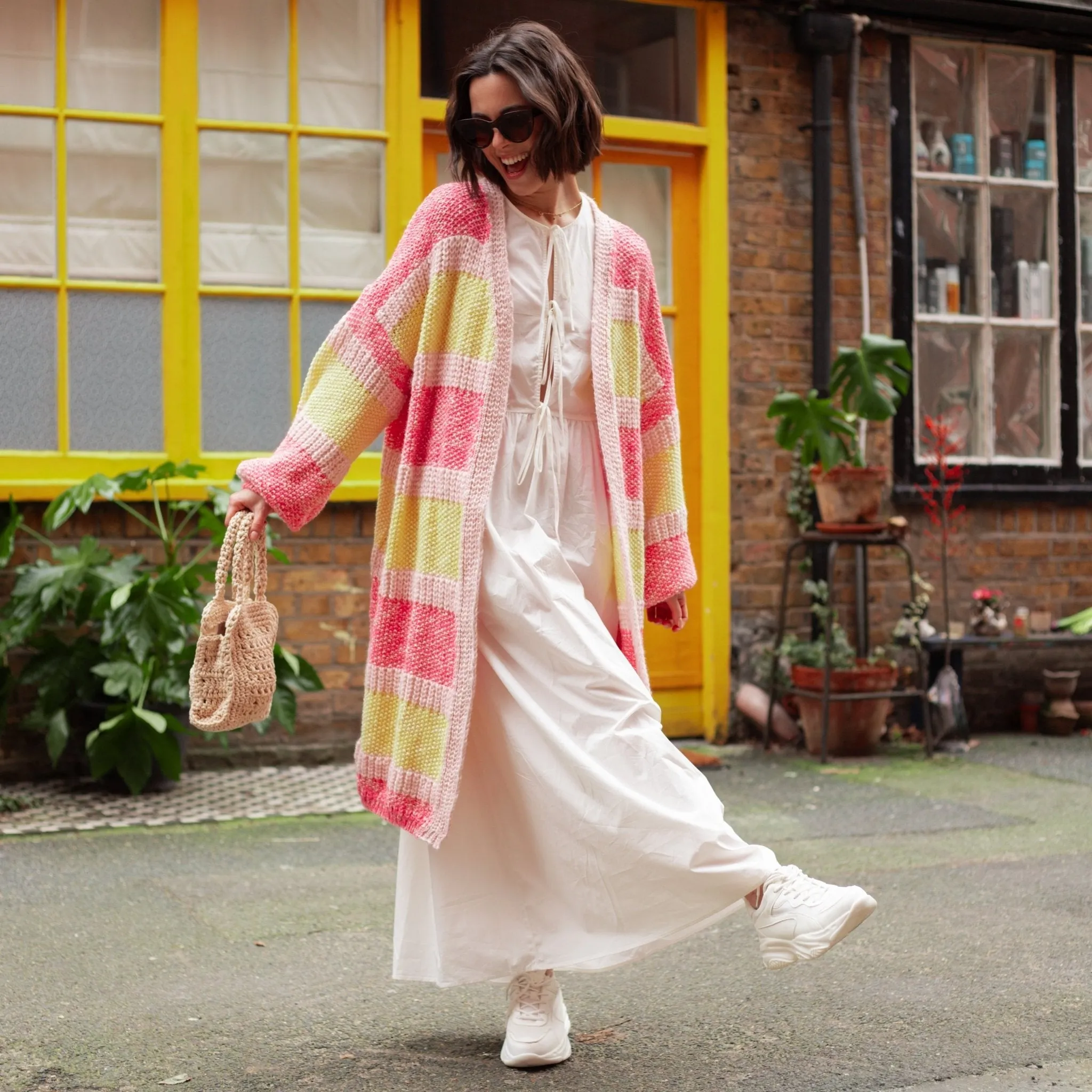 Tracy Stripe Balloon Sleeve Midi Cardigan - Pink