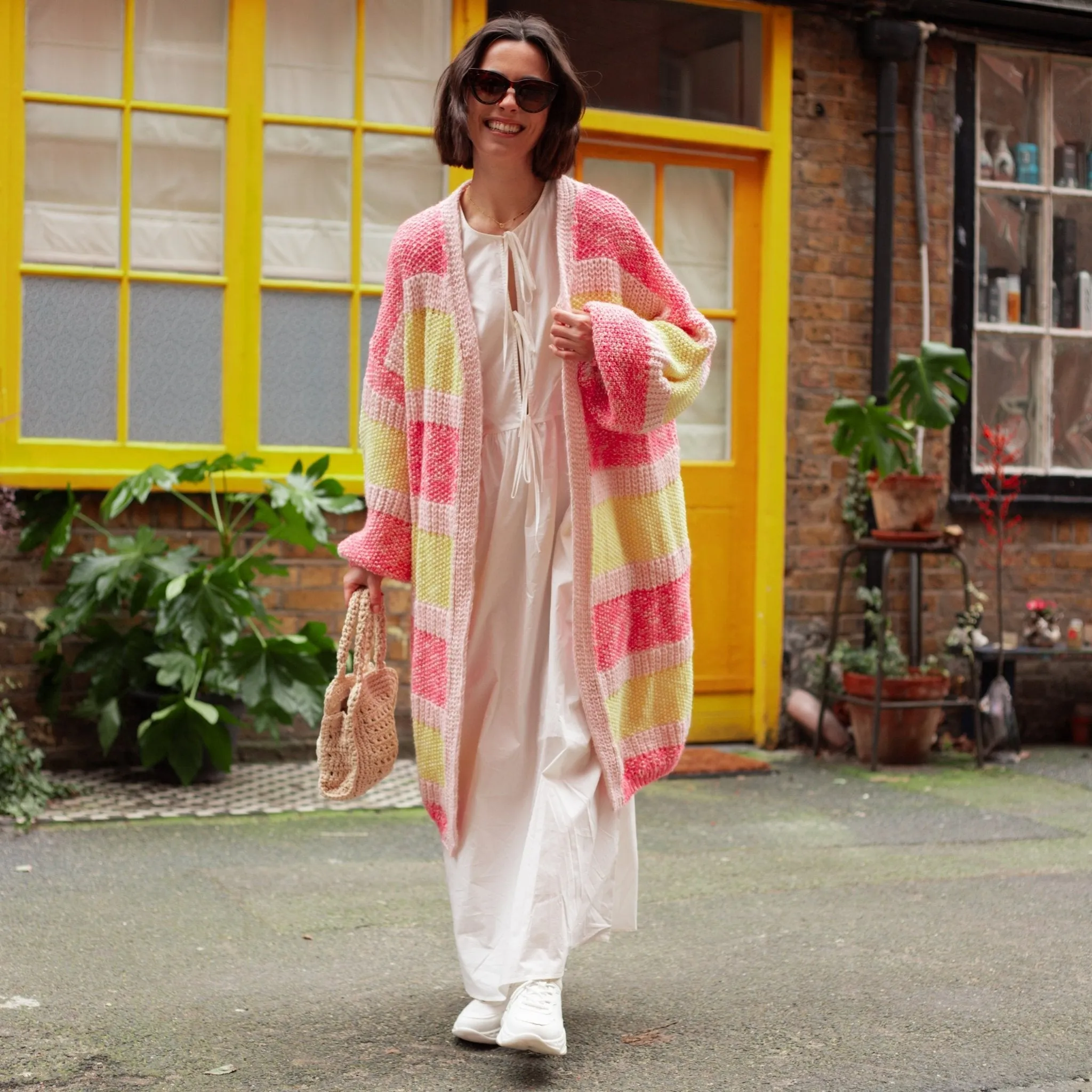 Tracy Stripe Balloon Sleeve Midi Cardigan - Pink