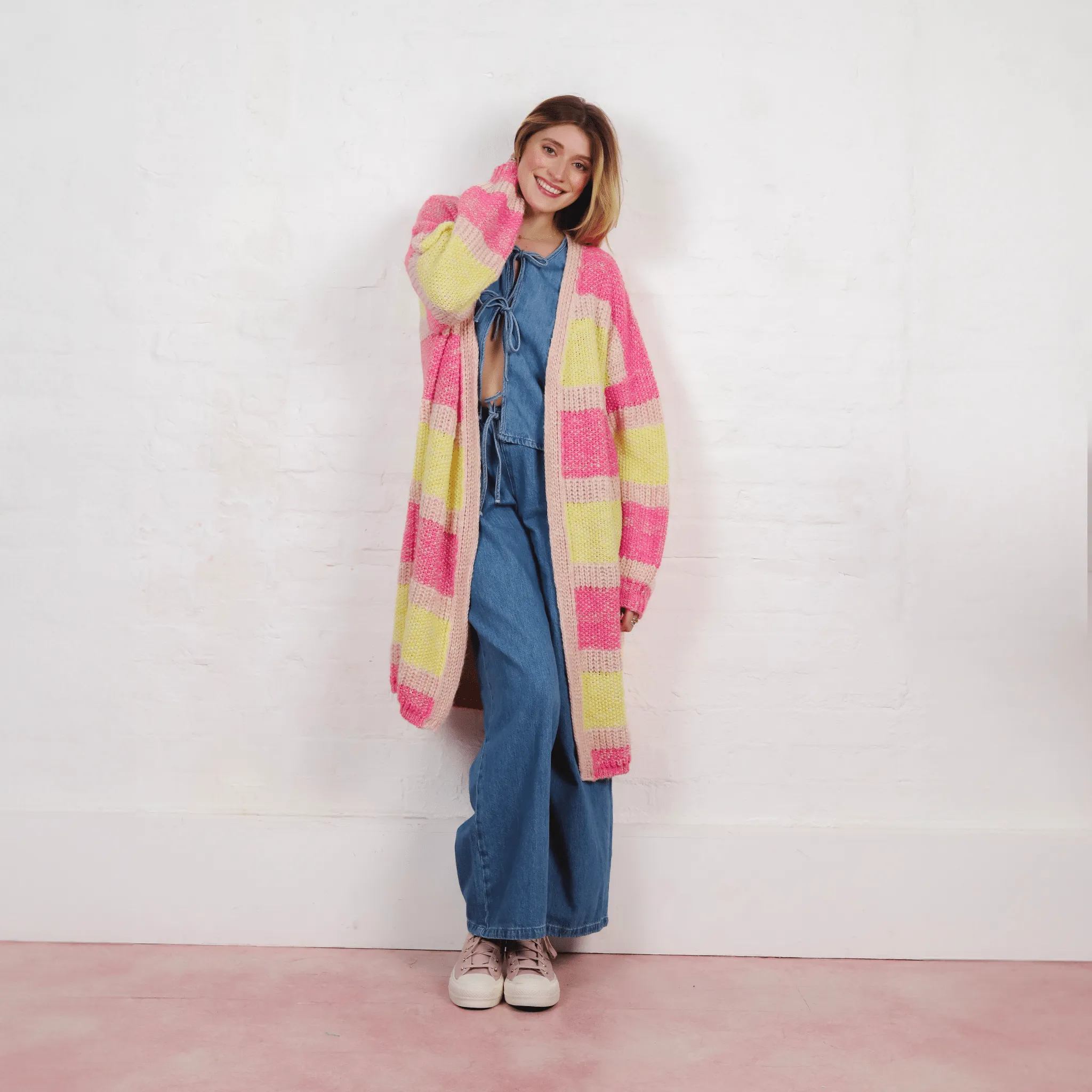 Tracy Stripe Balloon Sleeve Midi Cardigan - Pink
