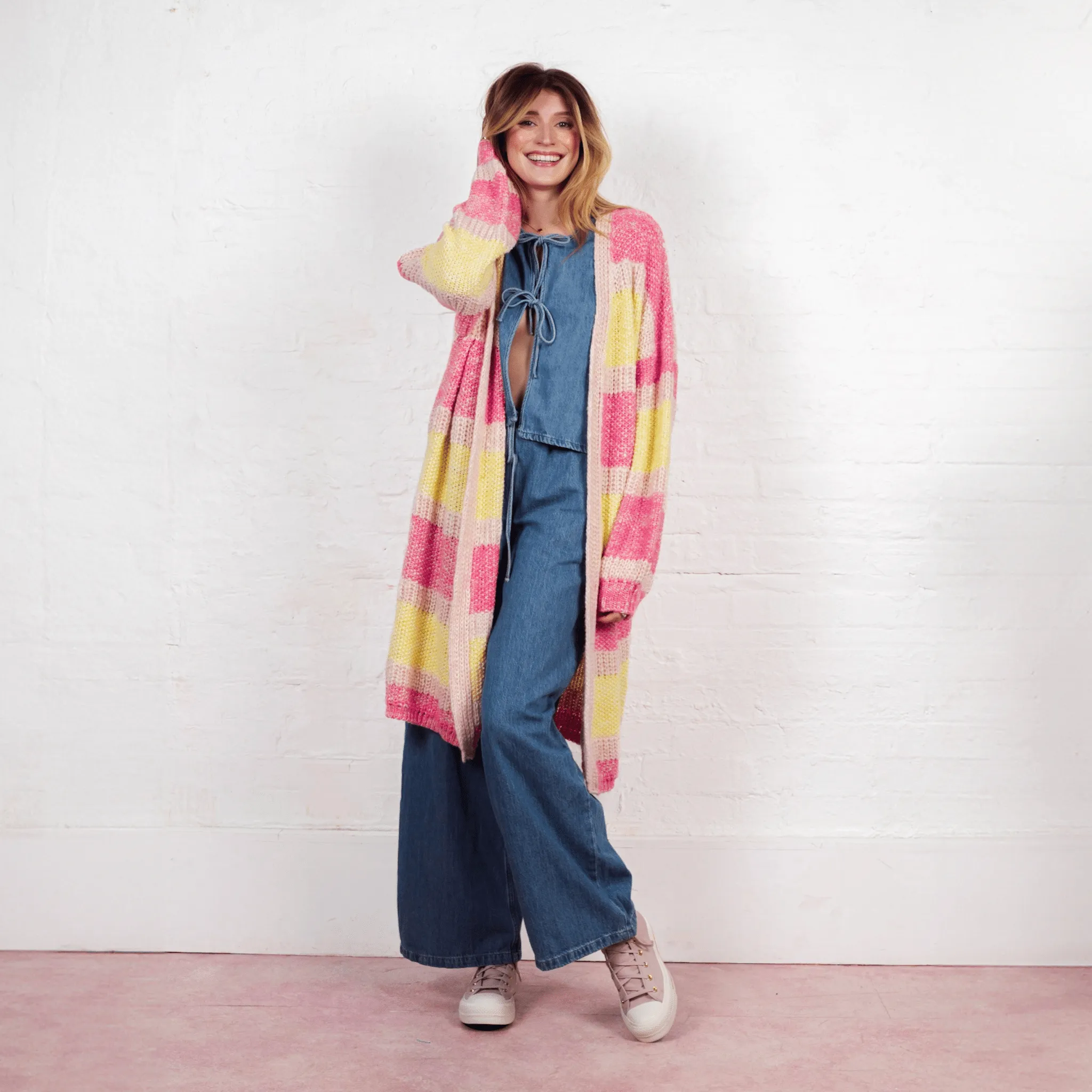 Tracy Stripe Balloon Sleeve Midi Cardigan - Pink