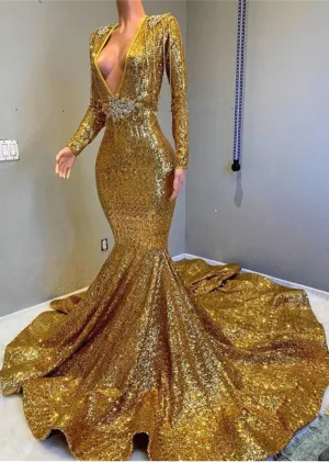 V-Neck Mermaid Prom Dress With Applique - Gold Long Sleeves