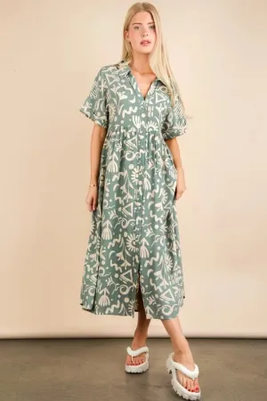 VERY J Oversized Printed Shirt Midi Dress